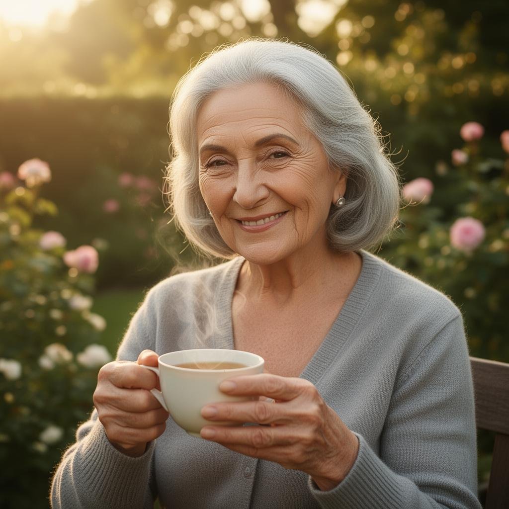 A smiling elderly resident enjoying tea in the garden